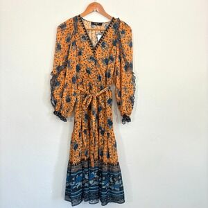 OPT One Pretty Time Floral Dress Women Size XS Yellow Blue Midi New